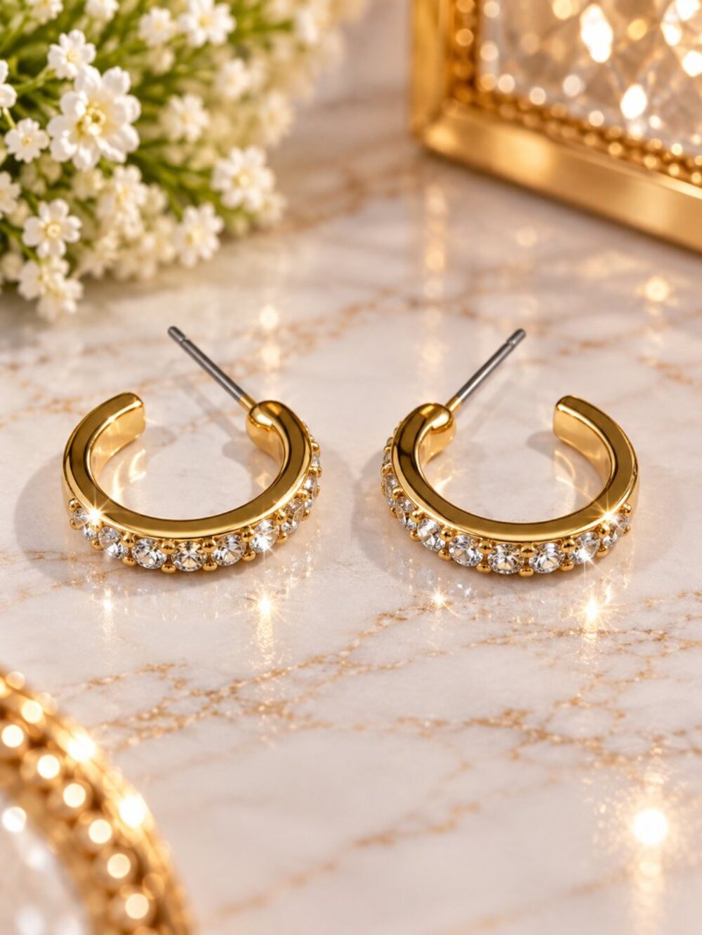 Gold Crystal Half Hoop Earrings Sparkly Rhinestone Huggie Style, Fashion Jewelry